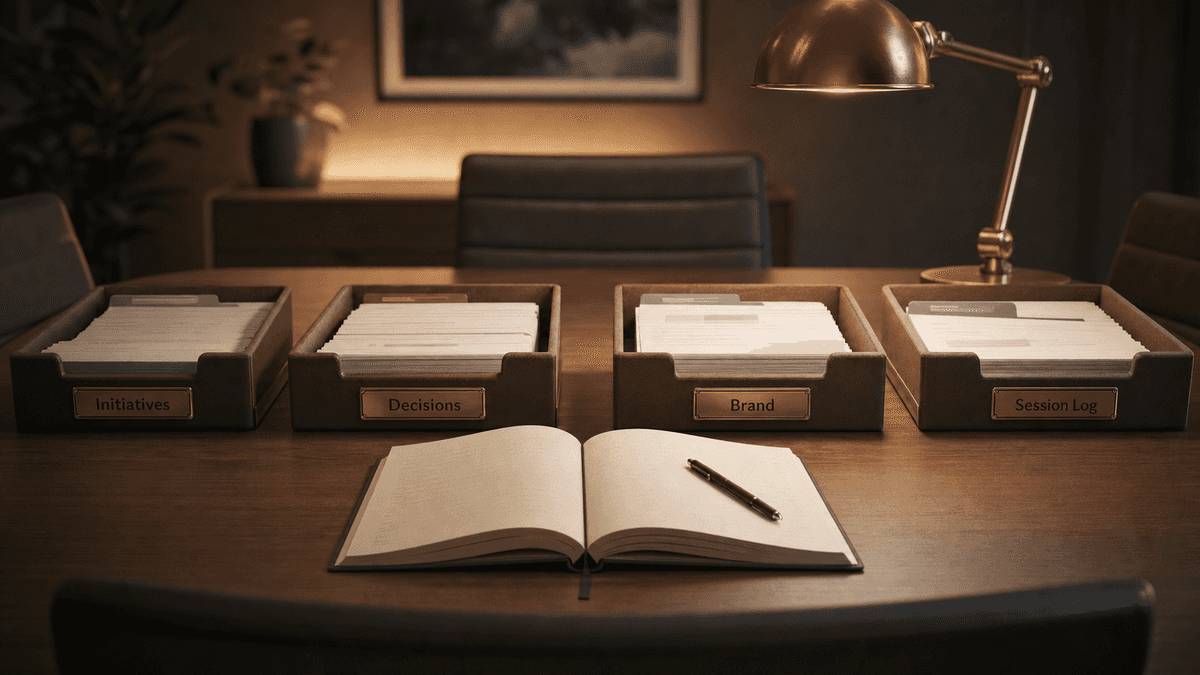 Cinematic 16:9 wide shot of a conference table with four labeled trays