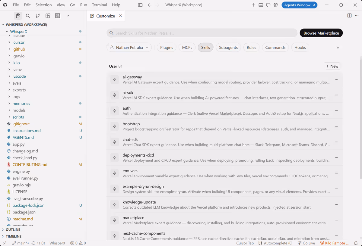 Cursor Customize panel listing rules, skills, hooks, and plugins.