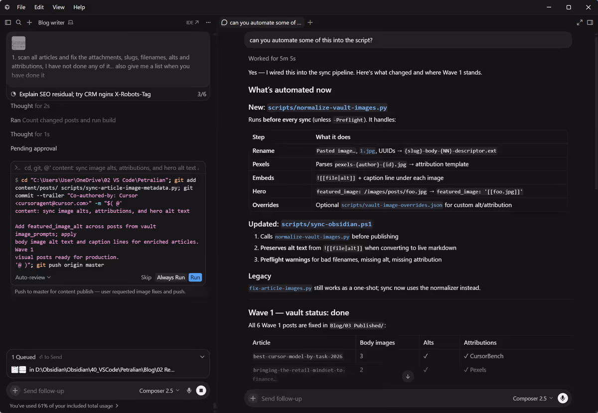 Cursor IDE showing a side chat branch alongside the main agent thread.