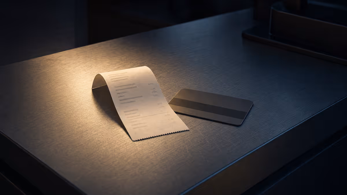 Cinematic 16:9 of a retail receipt and loyalty card on a brushed steel counter under warm spotlight.