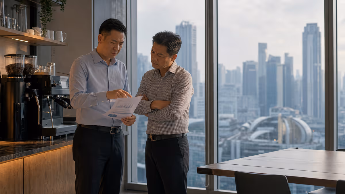 Two managers in an office pantry reviewing a printed chart, illustrating the gap between AI deployment and measurable goals.