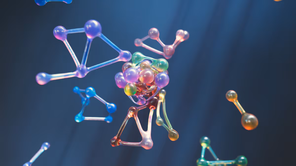 Abstract molecular structure suggesting linked knowledge nodes.