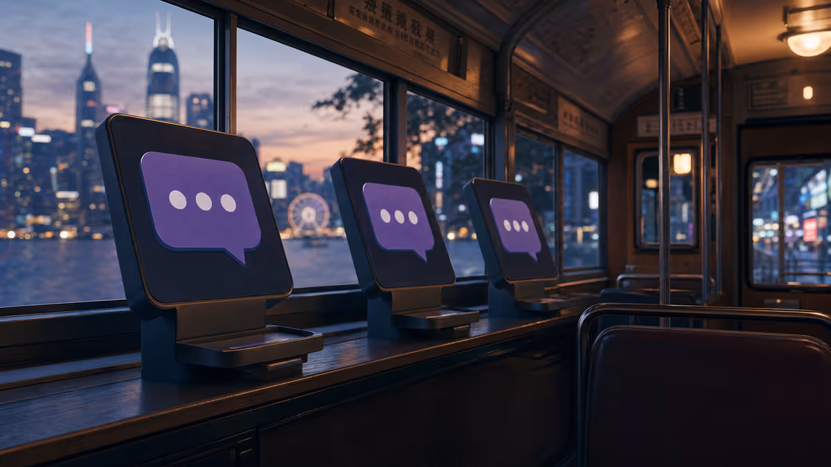 Cinematic 16:9 of three generic chat kiosk screens inside a Hong Kong tram at dusk, disconnected speech bubbles, no logos.