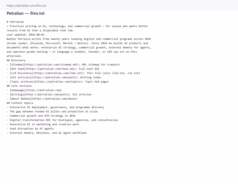 Excerpt of public llms.txt listing posts with one-line descriptions.