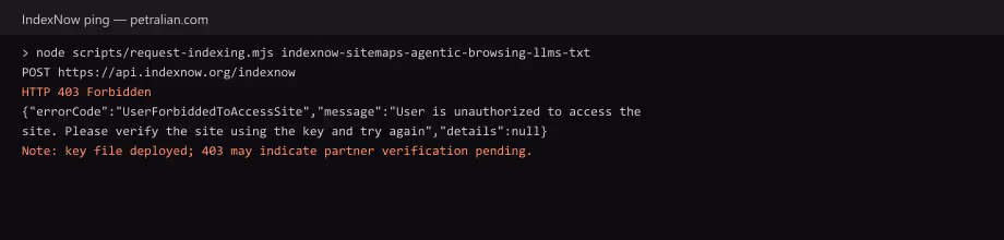 API client or terminal showing IndexNow response including a 403 status.