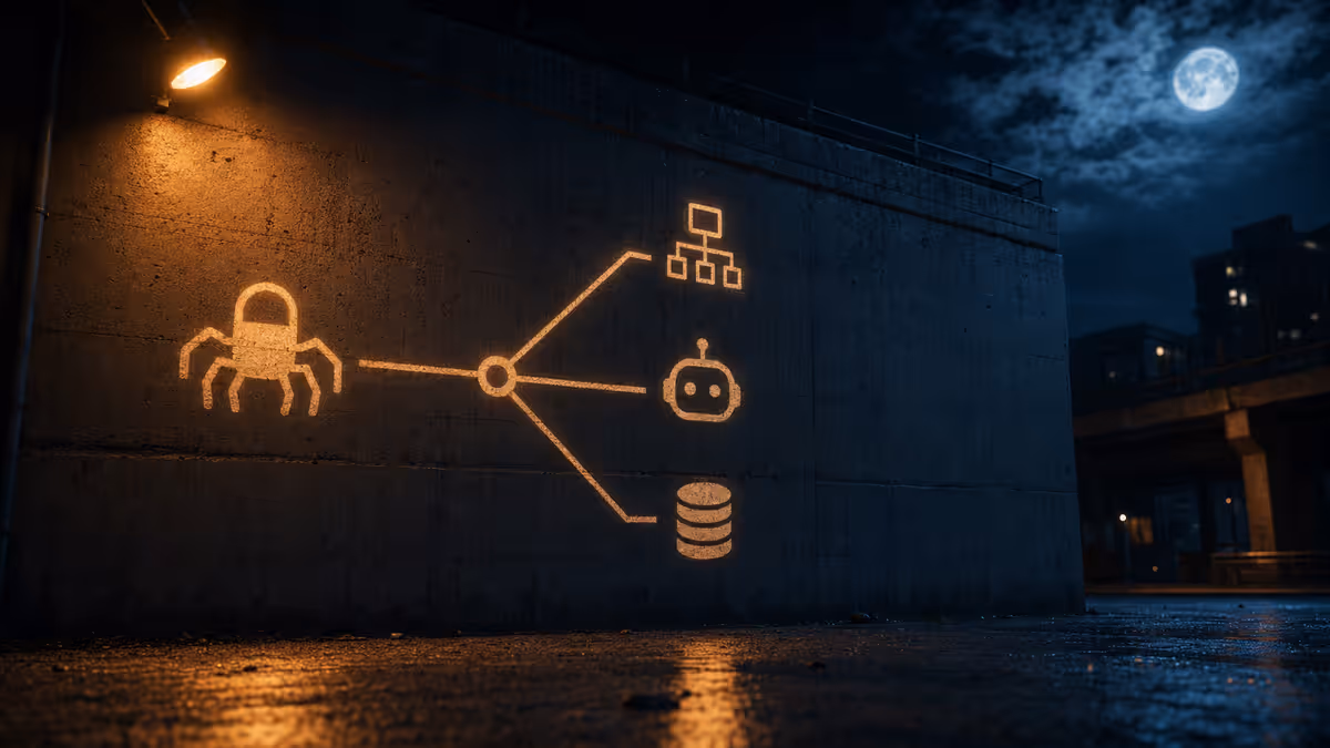 Crawl map on a wall with three glowing paths to abstract sitemap, robots, and llms icons, streetlight and moonlight, no readable text.