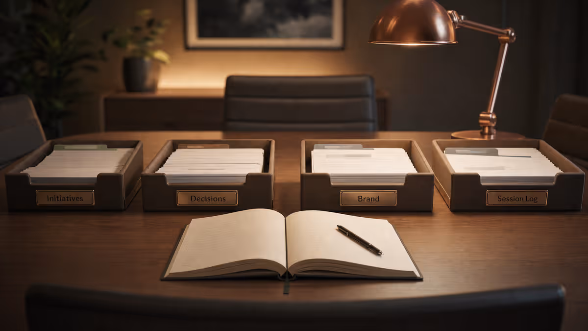 Cinematic 16:9 wide shot of a conference table with four labeled trays