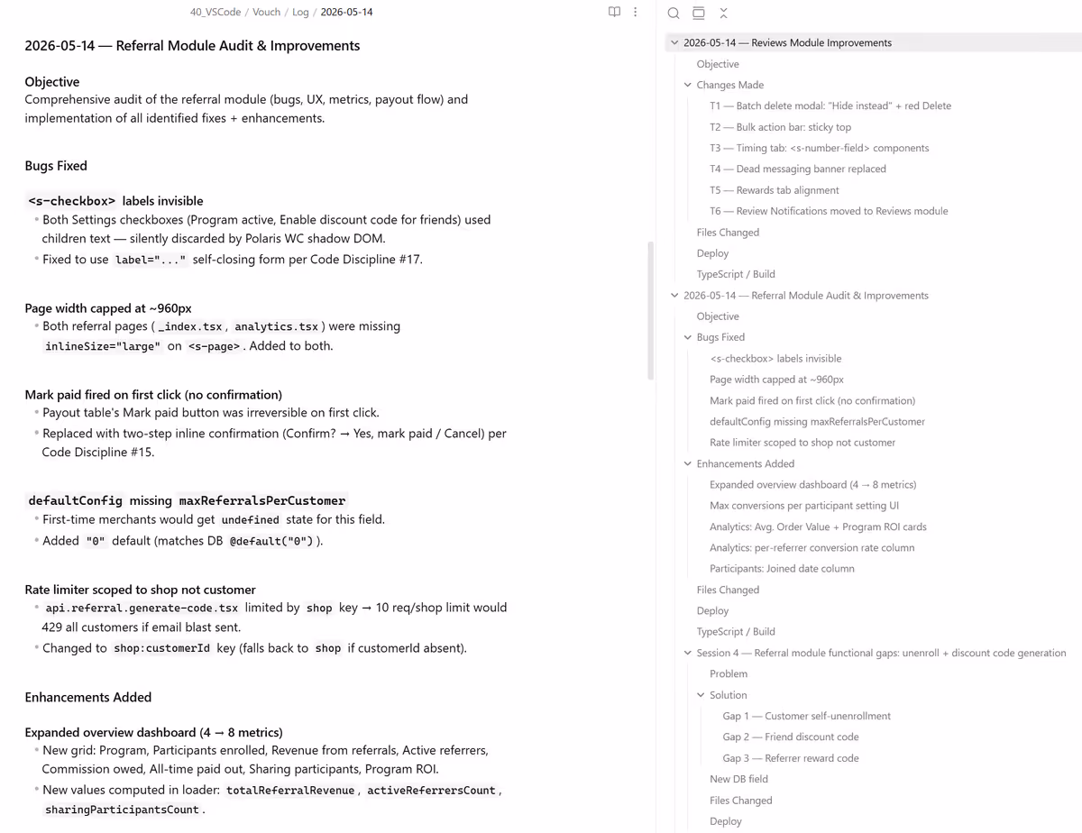 Vouch Obsidian vault graph linking session notes to git commits.