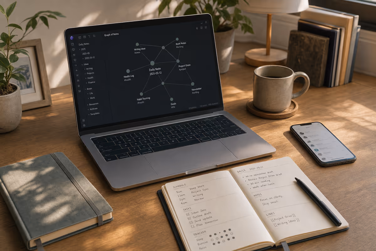 Calm home office desk with an open Obsidian-style linked note graph