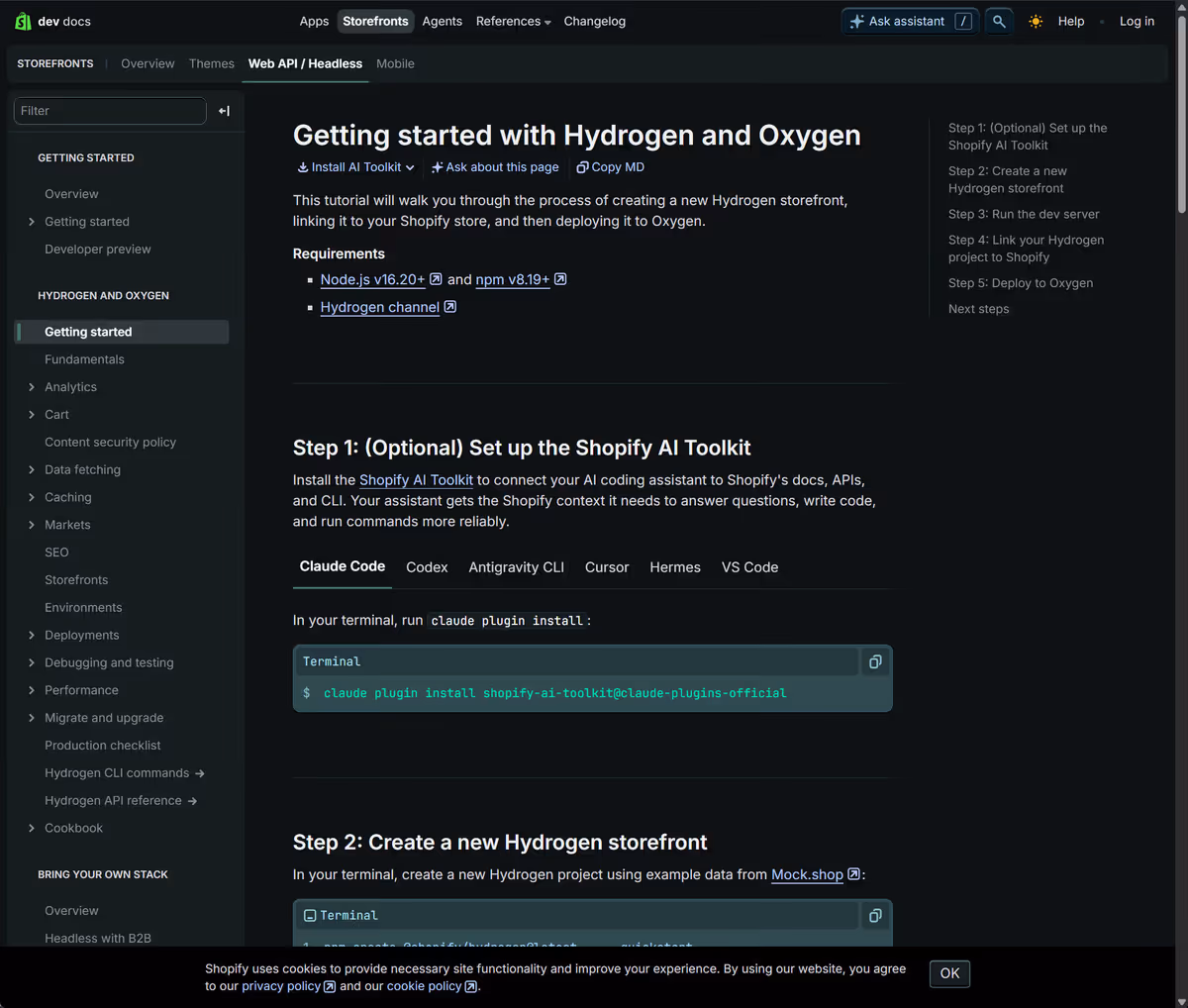 Shopify Hydrogen documentation homepage showing the React storefront toolkit.