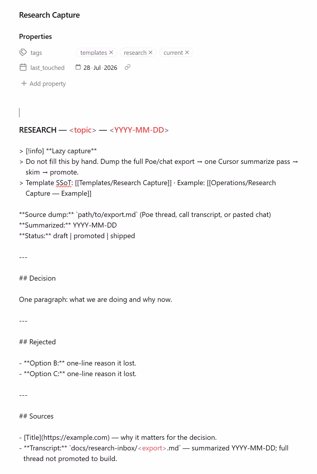 AI-structured research handoff markdown after summarizing a Poe transcript export.