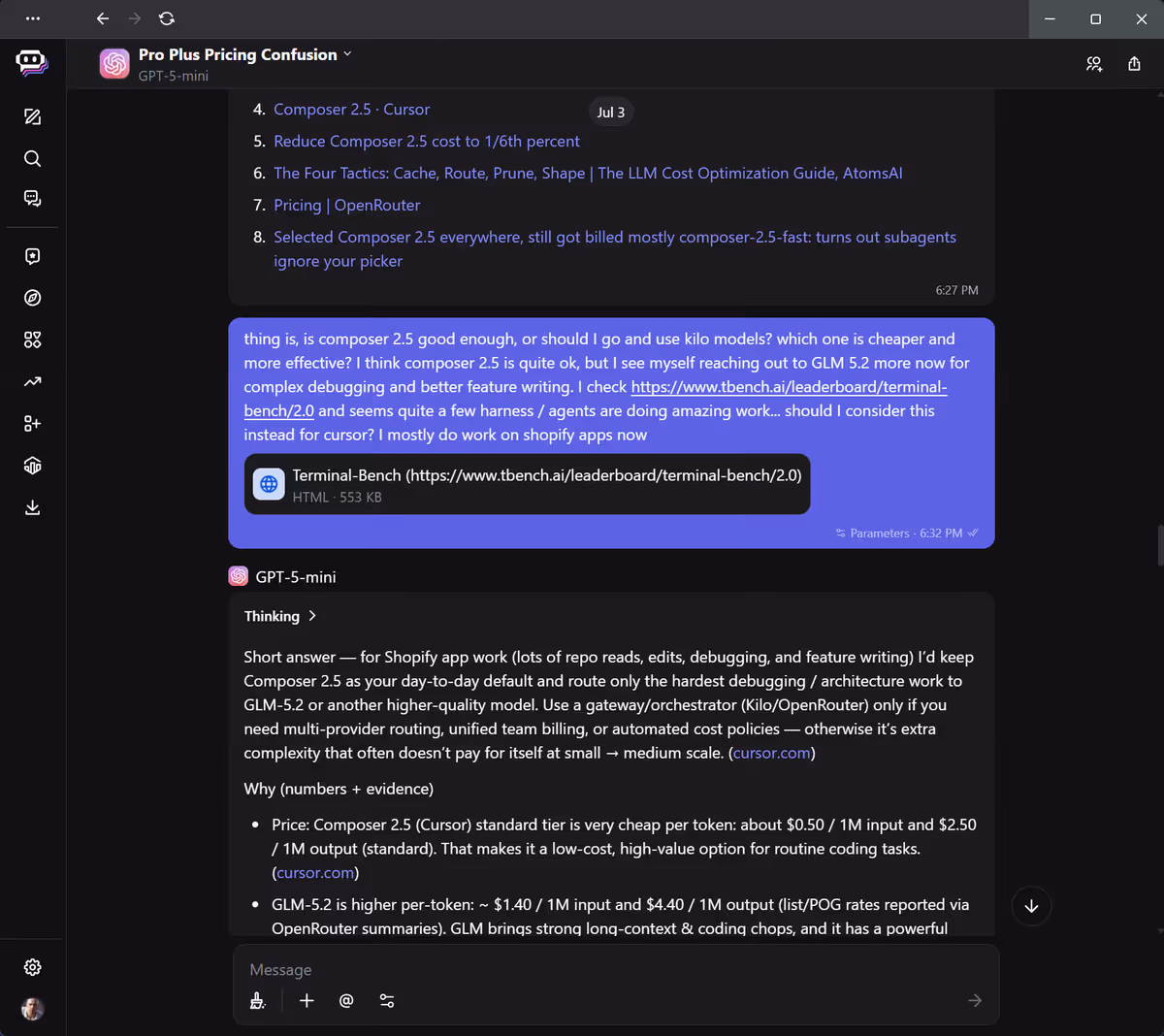 Poe research chat comparing models and pricing before a build handoff.