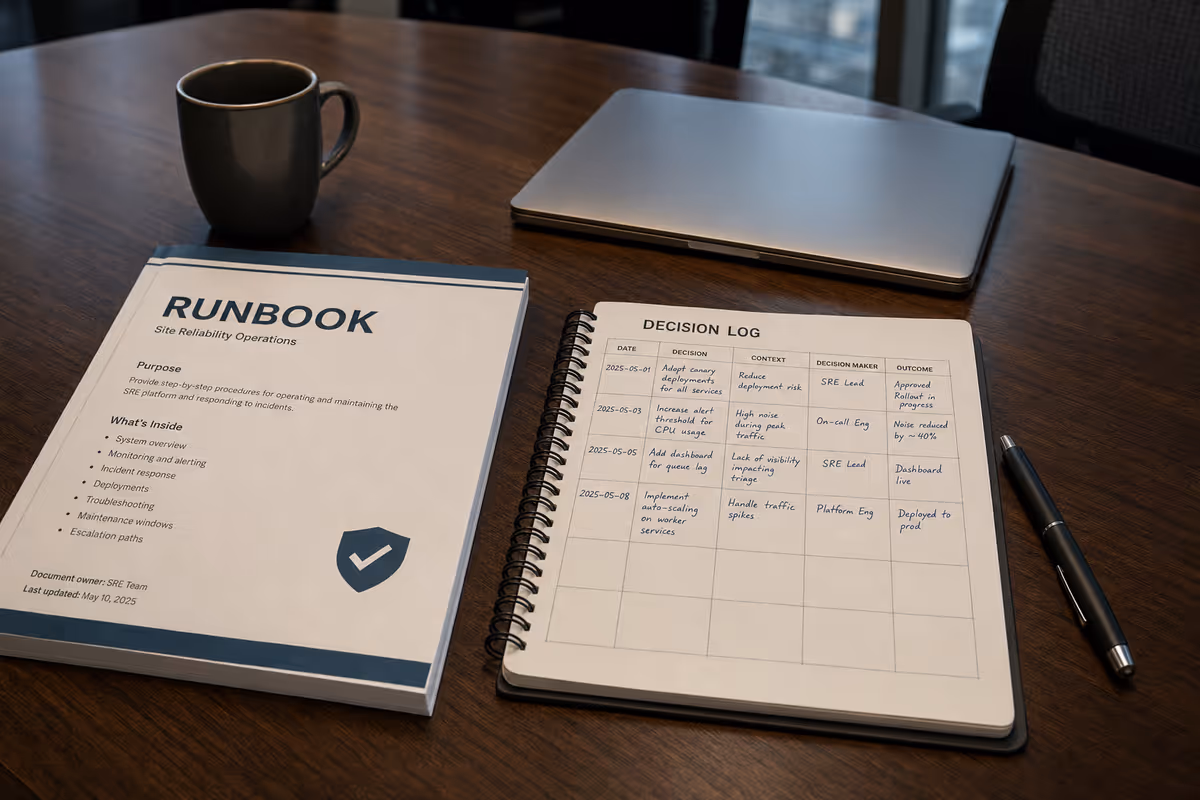 Editorial photograph of a printed runbook and decision log on a conference